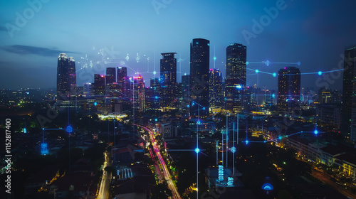 Wallpaper Mural Smart digital city with connection cyber security network reciprocity over the cityscape . future smart wireless digital city and social media networking systems that connects people within the city Torontodigital.ca