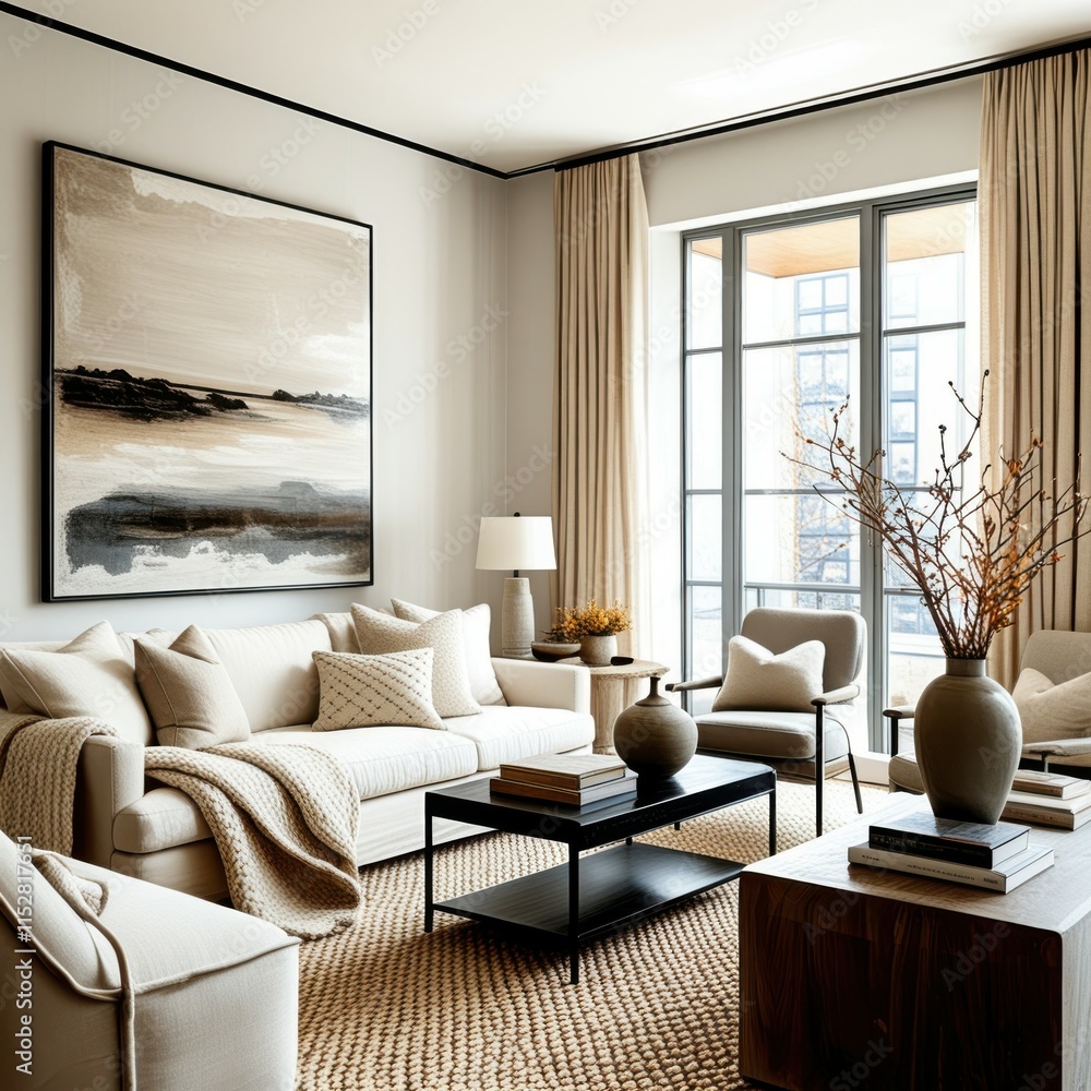 Fototapeta premium Elegant living room interior, neutral color palette, beige sofa, large abstract landscape painting, floor-to-ceiling windows, warm lighting, textured area rug, modern coffee table, decorative vase wit