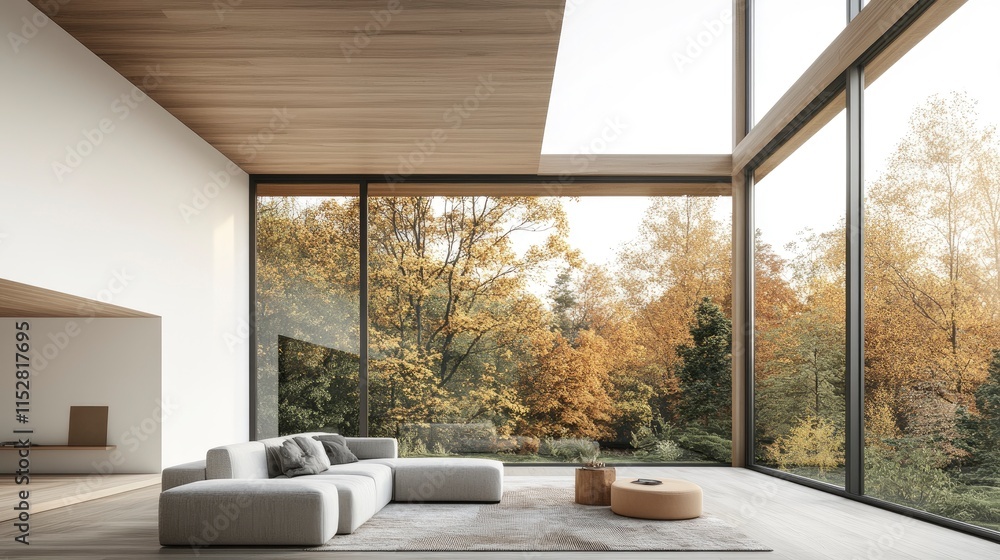 Fototapeta premium Modern living room with large windows showcasing autumn foliage in a serene, minimalist setting