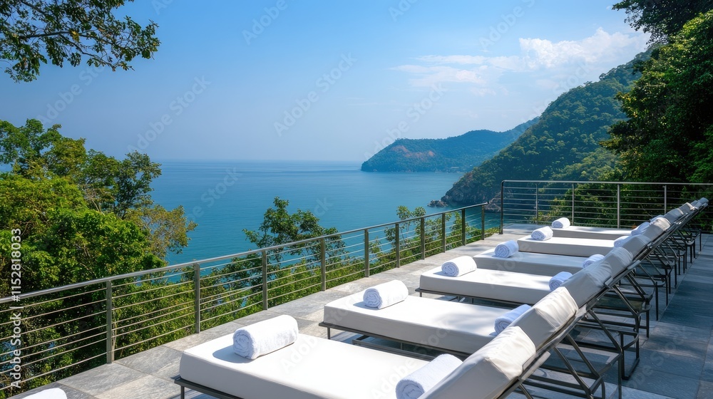 Fototapeta premium Tranquil Coastal View from Luxurious Lounge Area by the Sea