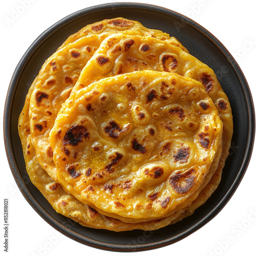 Top view of an extremely perfect looking Puran Poli in a dark platter isolated on a white transparent background