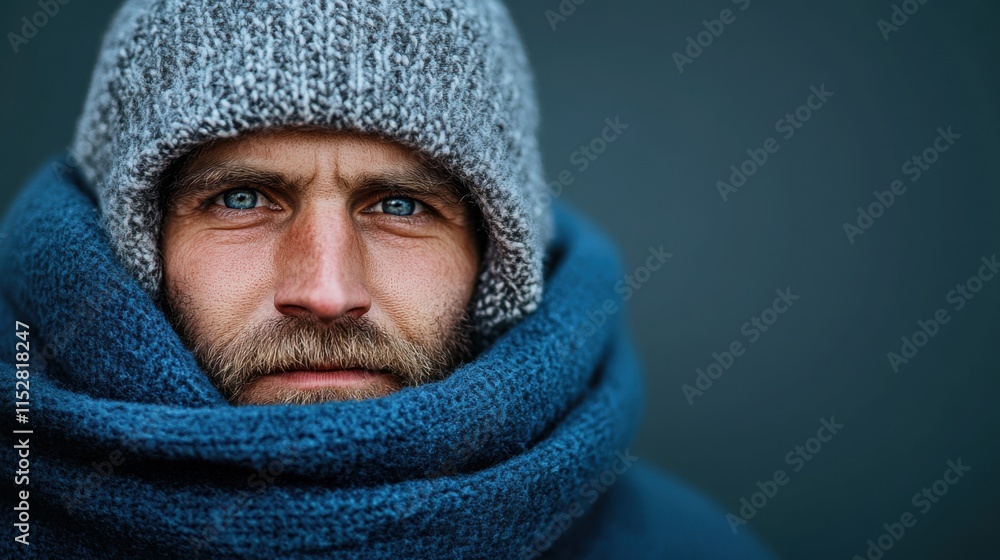 Portrait of a man with blue eyes in warm knitted hat and scarf against a textured dark background Portrait of a man with blue eyes in warm knitted hat and scarf against a textured dark background