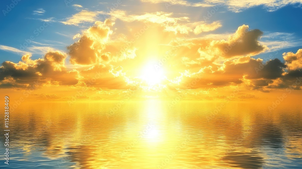 Fototapeta premium Serene Sunrise Over Tranquil Water with Golden Clouds and Reflection