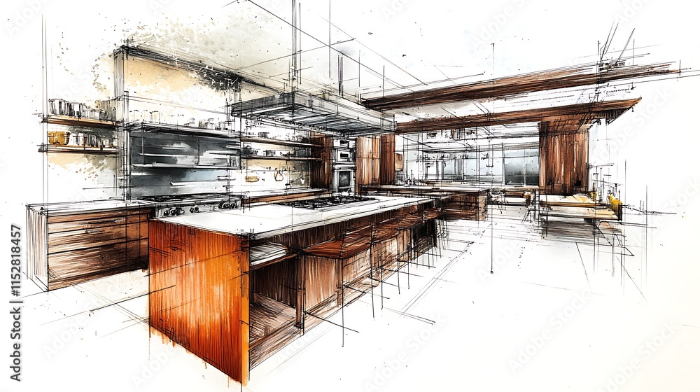 Stunning Hand-Drawn Sketch: Luxurious Modern Kitchen Design Concept. AI Generated Stunning Hand-Drawn Sketch: Luxurious Modern Kitchen Design Concept. AI Generated