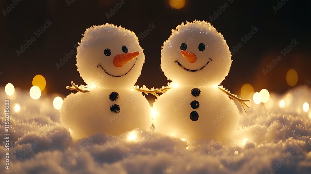Obraz premium Two smiling snowmen holding hands in snowy night scene with warm lights.