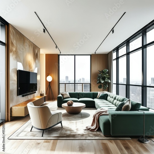 Modern apartment interior, floor-to-ceiling windows, city view, green velvet sectional sofa, wooden accent wall, minimalist design, hanging pendant light, large flat-screen TV, indoor plant, cozy thro photo