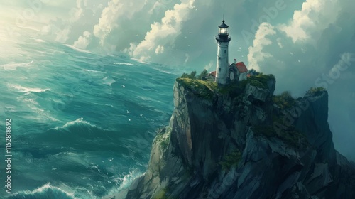 Lighthouse on a cliff, stormy sea, dramatic clouds.
