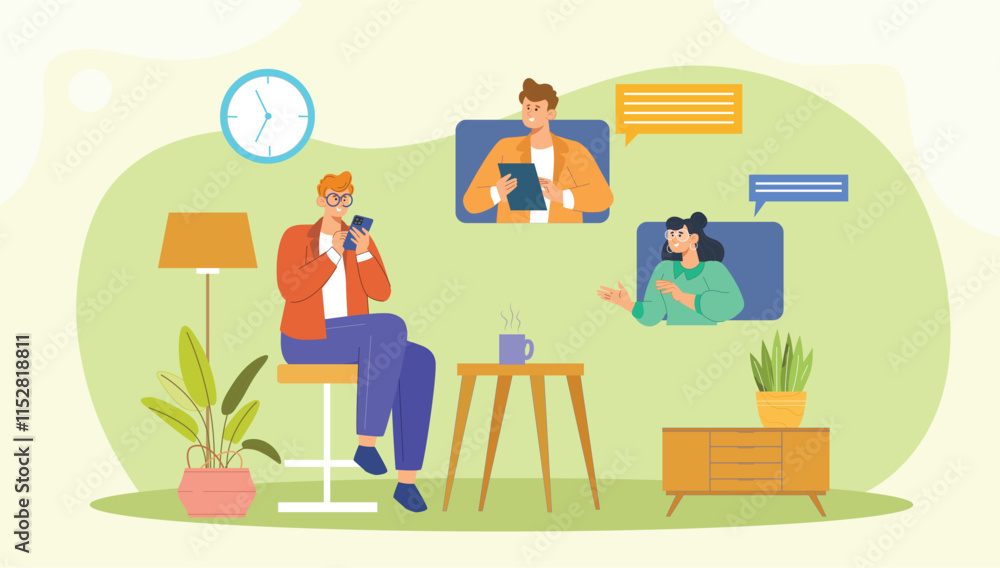An illustration depicting remote connection and virtual discussion, with individuals engaging in video calls, surrounded by digital icons like chat bubbles and screens An illustration depicting remote connection and virtual discussion, with individuals engaging in video calls, surrounded by digital icons like chat bubbles and screens