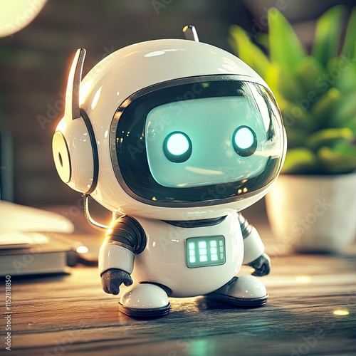 Playful and futuristic robot mascot with glowing eyes, designed for technology and innovation themes in a modern workspace setting photo