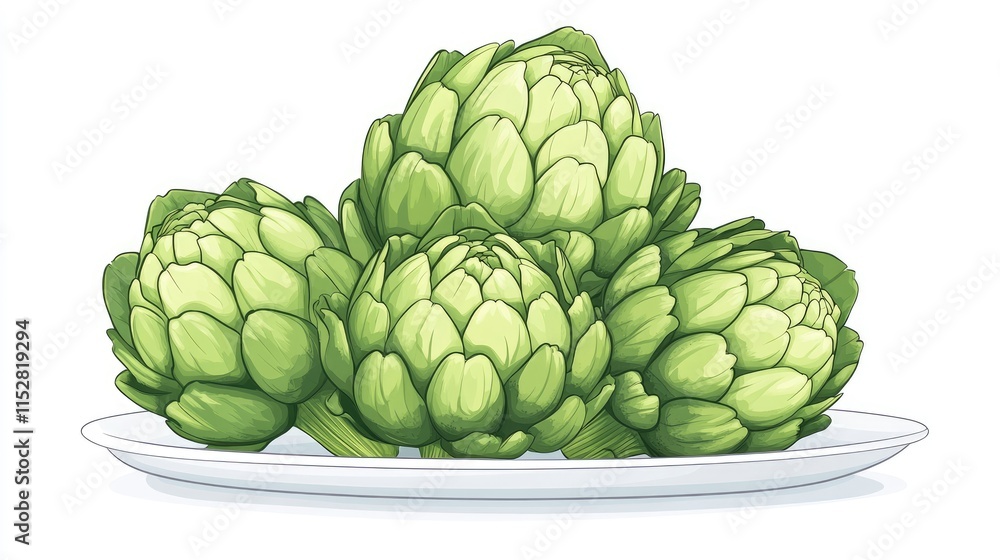 Obraz premium A vibrant arrangement of artichokes beautifully displayed on a white plate, showcasing their unique texture and color