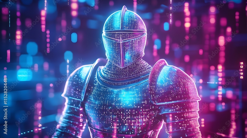 Fototapeta premium neon knight: digital warrior, cyber armor - cyberpunk