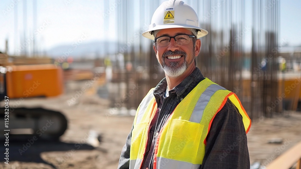 Fototapeta premium Smiling Construction Worker in Safety Gear at Work Site