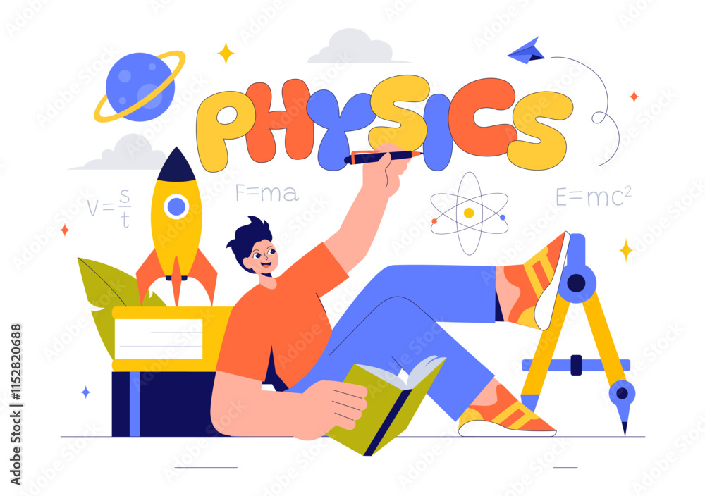 Obraz premium Physics Learning Vector Illustration featuring Students Exploring Electricity, Magnetism, Light Waves and Forces of Science and Technology Exploration