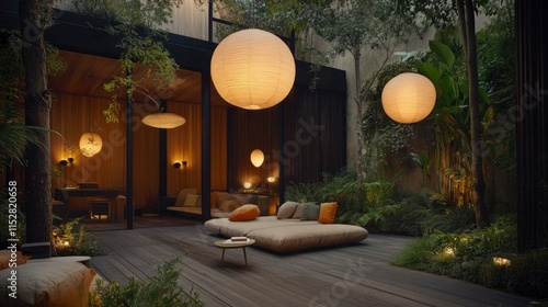 A serene and inviting outdoor living space featuring cozy cushions, hanging lanterns, and lush greenery in a tranquil garden setting