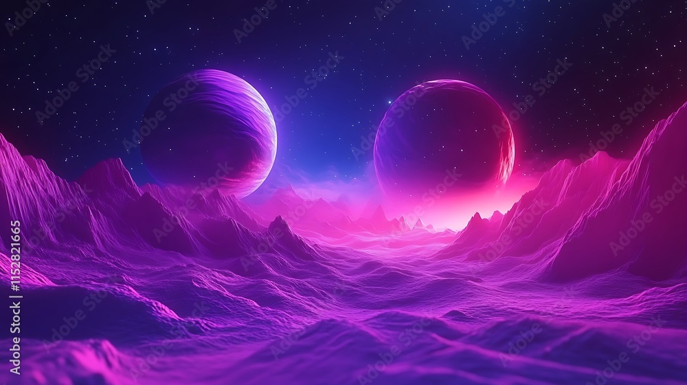 Fototapeta premium Vibrant Digital Painting: Glowing Planets Rise Over a Purple Alien Landscape. AI Generated