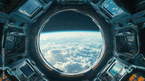A futuristic spacecraft interior featuring a large window that frames a view of Earth from space.