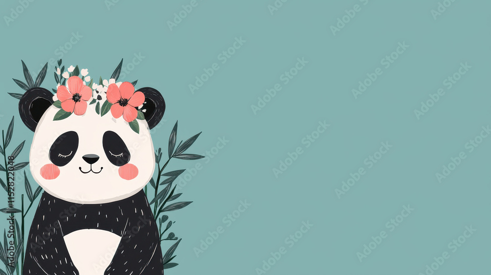 Obraz premium Kawaii Animal Valentine's Love concept. Cute panda with flowers on its head against a teal background.