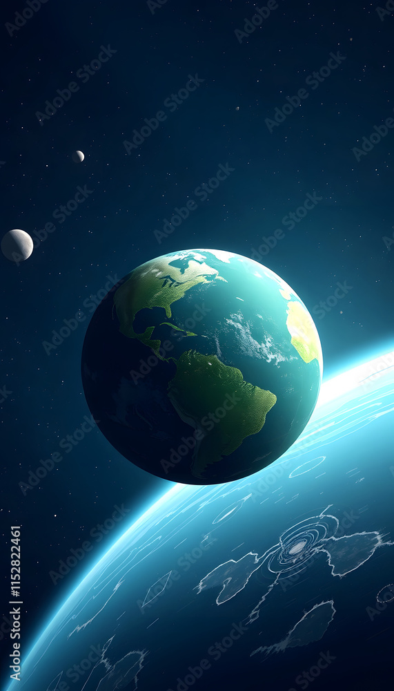 Fototapeta premium green planet from space, flat design, with white tones