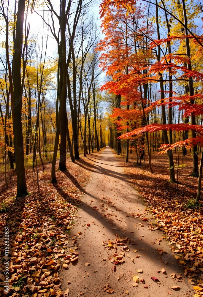 Naklejka premium Autumnal Path Through a Vibrant Forest