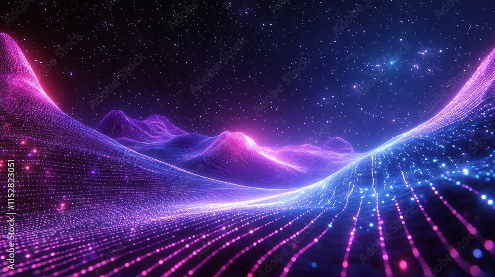 Obraz premium Glowing Nebula Landscape: Vivid 3D Render in a Futuristic Style. AI Generated