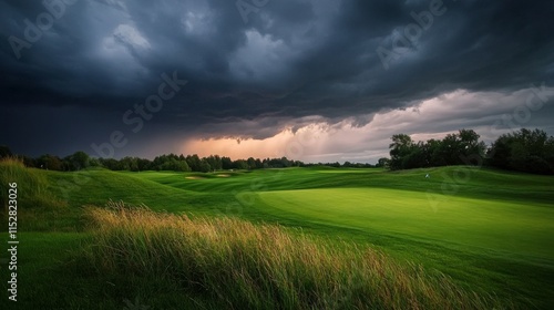 Wallpaper Mural A dynamic golf course under dramatic storm clouds, Golf clubs prepared for challenging weather, Stormy challenge style Torontodigital.ca