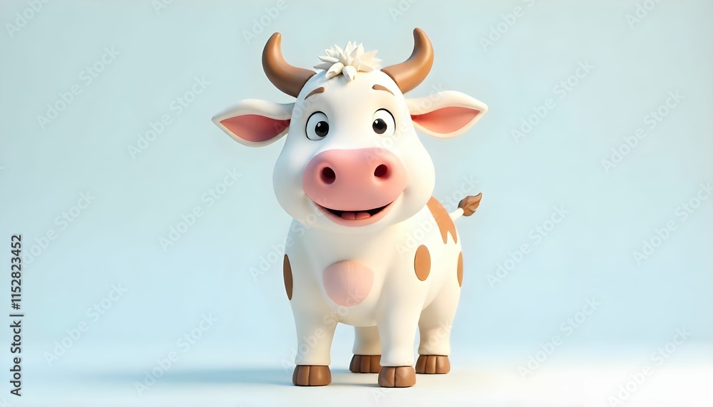 The image is a 3D rendering of a cartoon cow standing on a light blue background. The cow is white with brown spots and has two large horns on its head. It has a pink nose and a big smile on its face. The image is a 3D rendering of a cartoon cow standing on a light blue background. The cow is white with brown spots and has two large horns on its head. It has a pink nose and a big smile on its face.