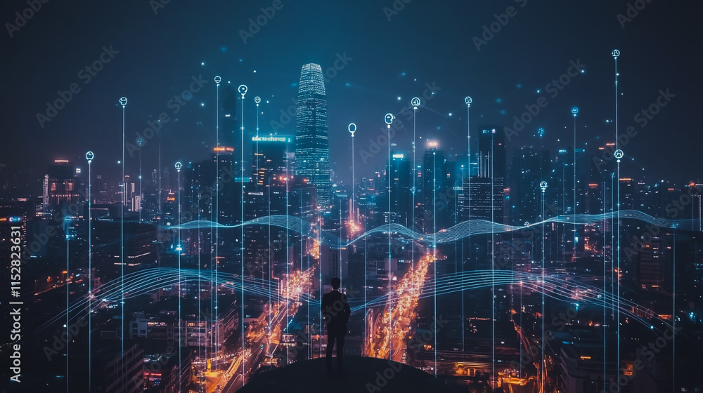 Fototapeta premium Smart digital city with connection cyber security network reciprocity over the cityscape . future smart wireless digital city and social media networking systems that connects people within the city