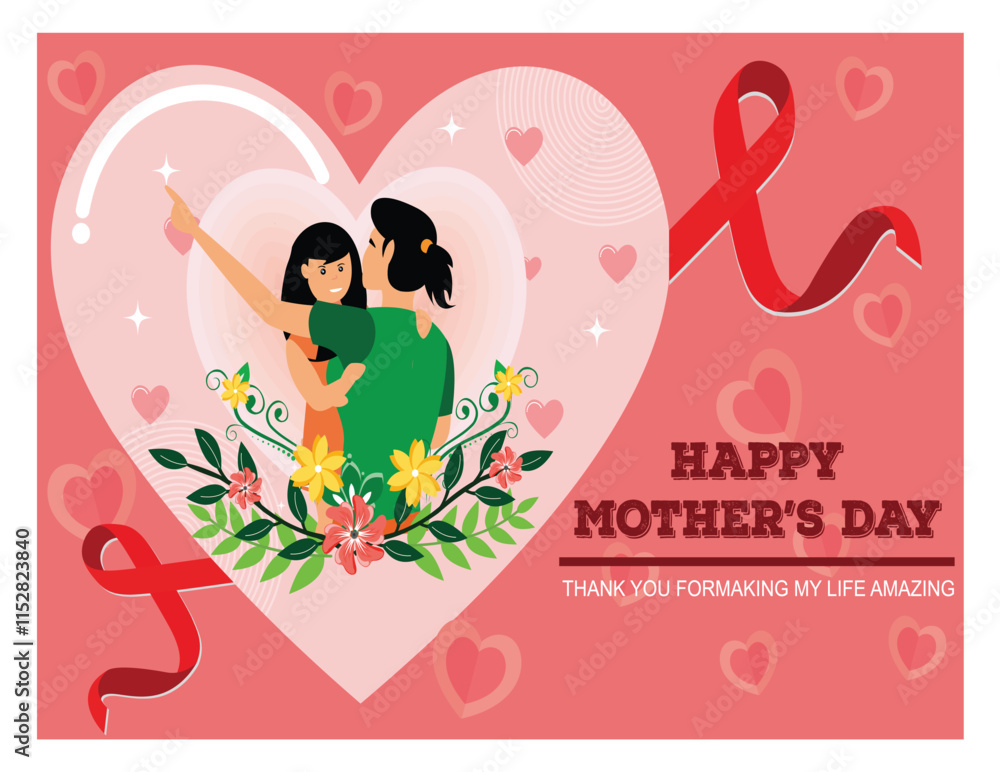 Happy Mother's Day Card with Floral and Loving Family Design. Happy Mother's Day Card with Floral and Loving Family Design.