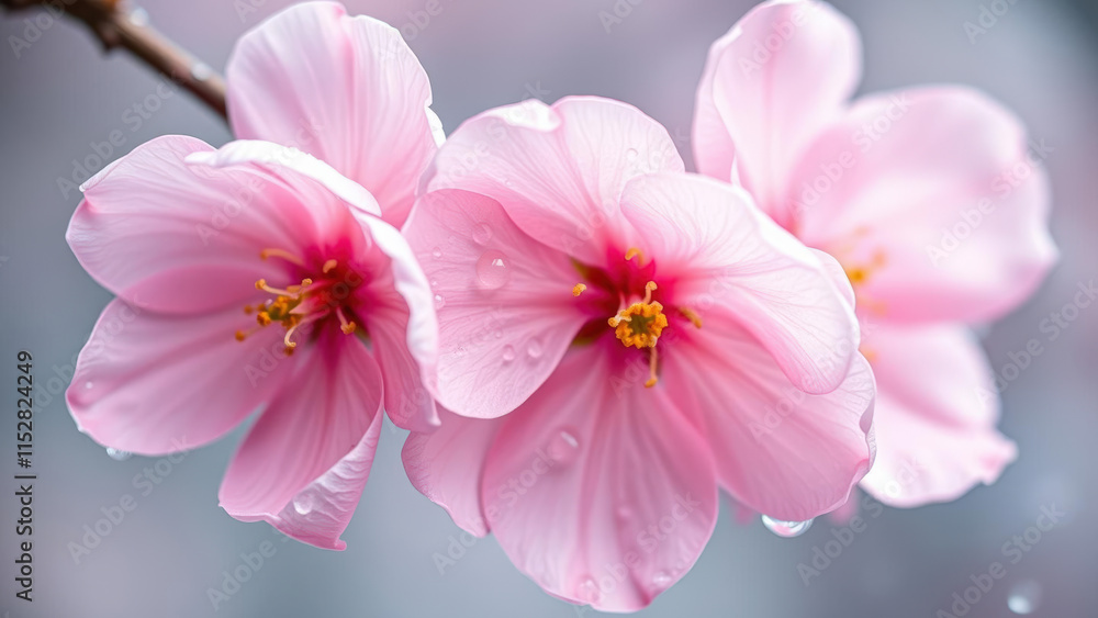 Pink Blossoms with Dew Drops in a Vibrant Spring Garden, Highlighting Delicate Petals and Freshness in a Close-Up Botanical Image Pink Blossoms with Dew Drops in a Vibrant Spring Garden, Highlighting Delicate Petals and Freshness in a Close-Up Botanical Image