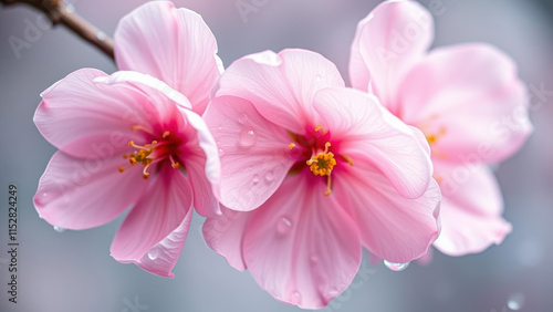Pink Blossoms with Dew Drops in a Vibrant Spring Garden, Highlighting Delicate Petals and Freshness in a Close-Up Botanical Image