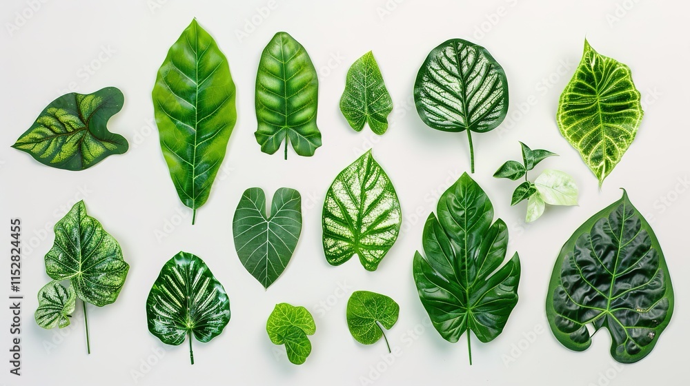 Tropical plant leaves gracefully positioned on a clean white background, Displaying their unique shapes and vibrant green hues, Ideal for adding a touch of exotic charm to various designs or projects. Tropical plant leaves gracefully positioned on a clean white background, Displaying their unique shapes and vibrant green hues, Ideal for adding a touch of exotic charm to various designs or projects.