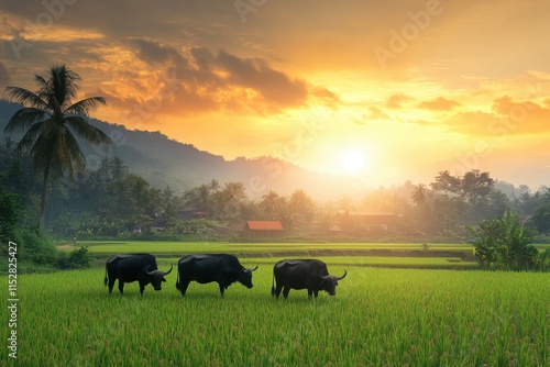 Wallpaper Mural Cattle Grazing at Sunset in a Rural Paddy Field Torontodigital.ca