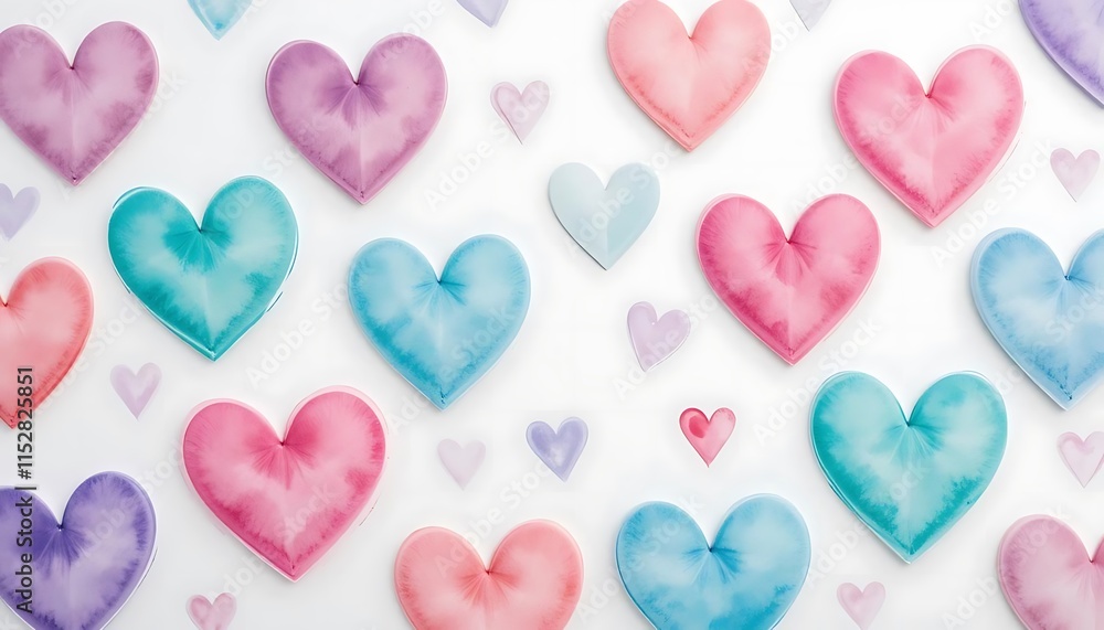 Fototapeta premium Colorful Watercolor Hearts Arranged On White Background