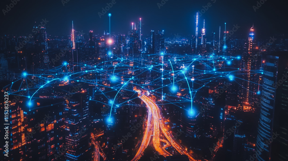 Smart digital city with connection cyber security network reciprocity over the cityscape . future smart wireless digital city and social media networking systems that connects people within the city Smart digital city with connection cyber security network reciprocity over the cityscape . future smart wireless digital city and social media networking systems that connects people within the city