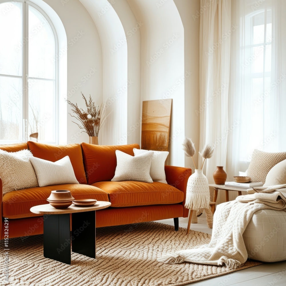 Fototapeta premium Cozy living room, bright interior, orange velvet sofa, white brick walls, arched windows, natural light, minimalist black coffee table, decorative vase with pampas grass, striped area rug, throw pillo
