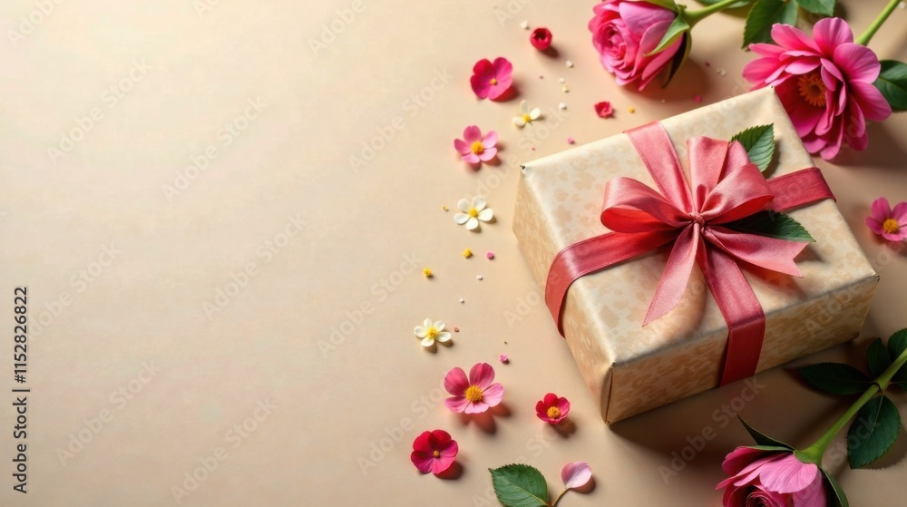 A delicately wrapped present adorned with a blush-toned ribbon, nestled amongst scattered blossoms and fresh flowers, creates a charming festive scene. A delicately wrapped present adorned with a blush-toned ribbon, nestled amongst scattered blossoms and fresh flowers, creates a charming festive scene.