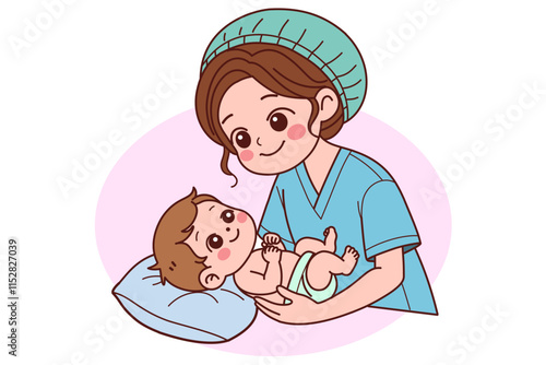 A smiling midwifery holds a newborn baby in her arms.