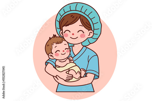 A smiling midwifery holds a newborn baby in her arms.