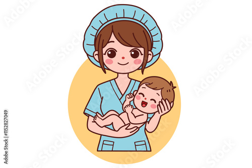 A smiling midwifery holds a newborn baby in her arms.