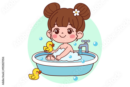 The child is bathing in the bathtub. Vector illustration in cartoon style.