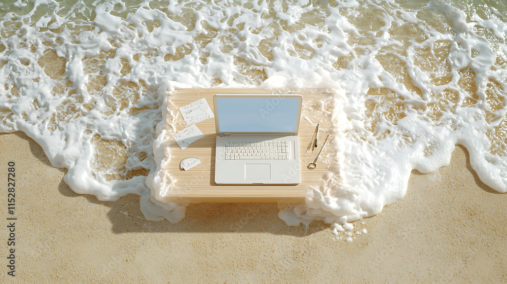 Naklejka premium laptop on wooden desk by beach, surrounded by waves and sand, evokes serene work environment