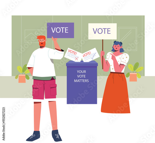 A voting process and electoral education illustration, showcasing various stages of the election cycle. 