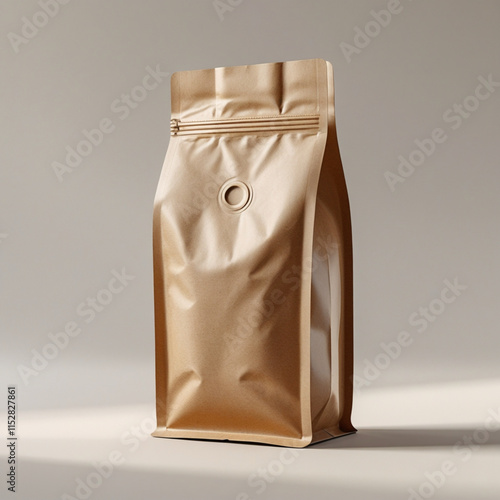 Minimalist Brown Kraft Coffee Paper Bag Mockup with Zipper Seal for Branding and Packaging Design Presentation on a Light Background photo