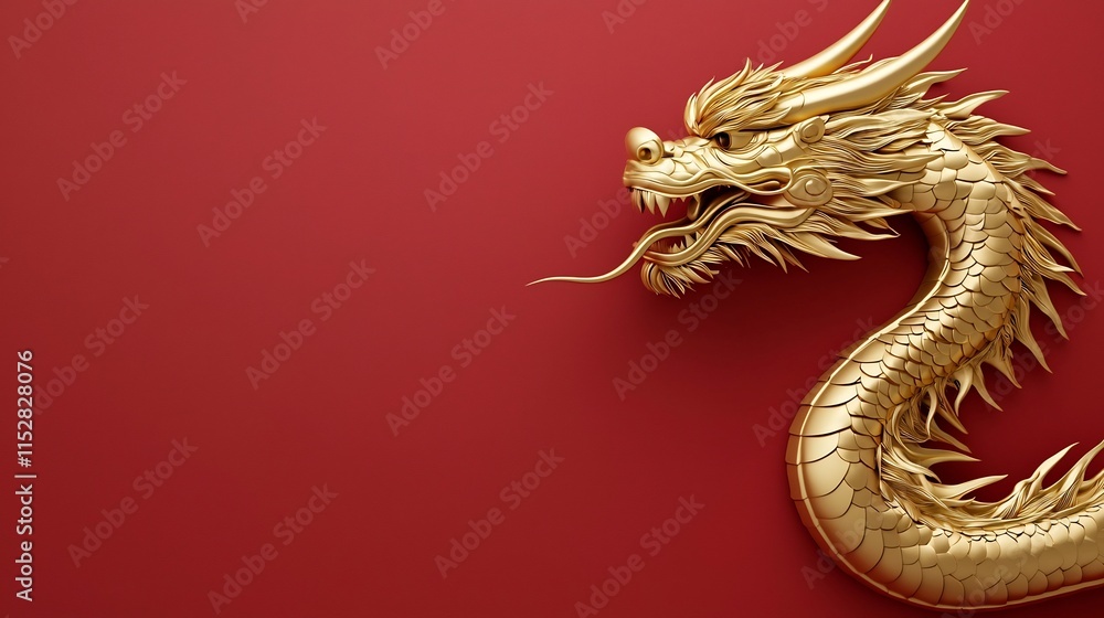 Obraz premium Majestic Golden Dragon Soaring Over Textured Crimson Backdrop with Reserved Space for Copy Powerful Mythical Creature in Epic 3D Digital