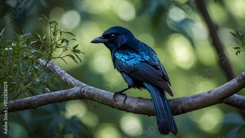 A glossy black drongo perched on a thin tree branch, its forked tail elegantly displayed, with its iridescent feathers catching hints of blue in soft sunlight, set against a blurred green forest backg photo