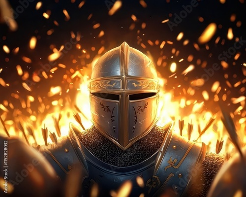 A fierce knight stands in front of a blazing background, adorned in shining armor, surrounded by flying arrows and a dramatic, fiery atmosphere.