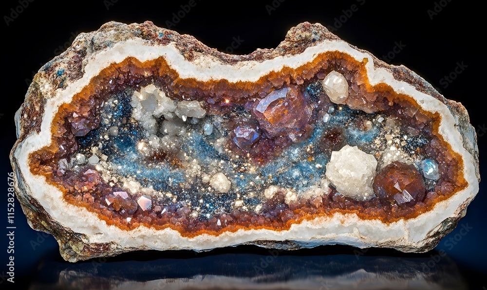Polished agate geode with orange and white crystals. Polished agate geode with orange and white crystals.