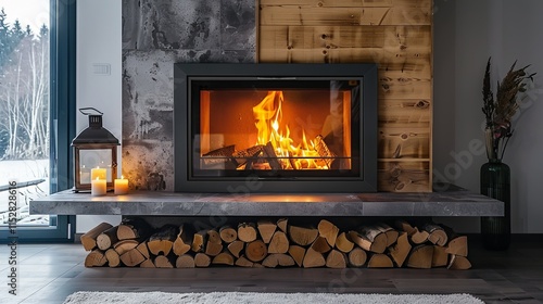 Modern fireplace with burning wood, candles, and stacked logs.