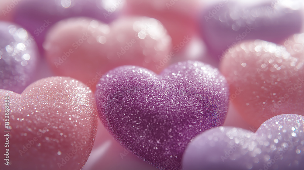 Fototapeta premium Close-up of sparkling, purple-pink hearts, A close-up view of several heart-shaped objects, varying in shades of purple and pink, with a shimmering glitter effect.