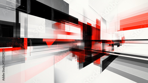 Red, white and black background graphic abstract rectangular boxes, converging lines, news footage and graphs. For news broadcast introduction or background graphic.